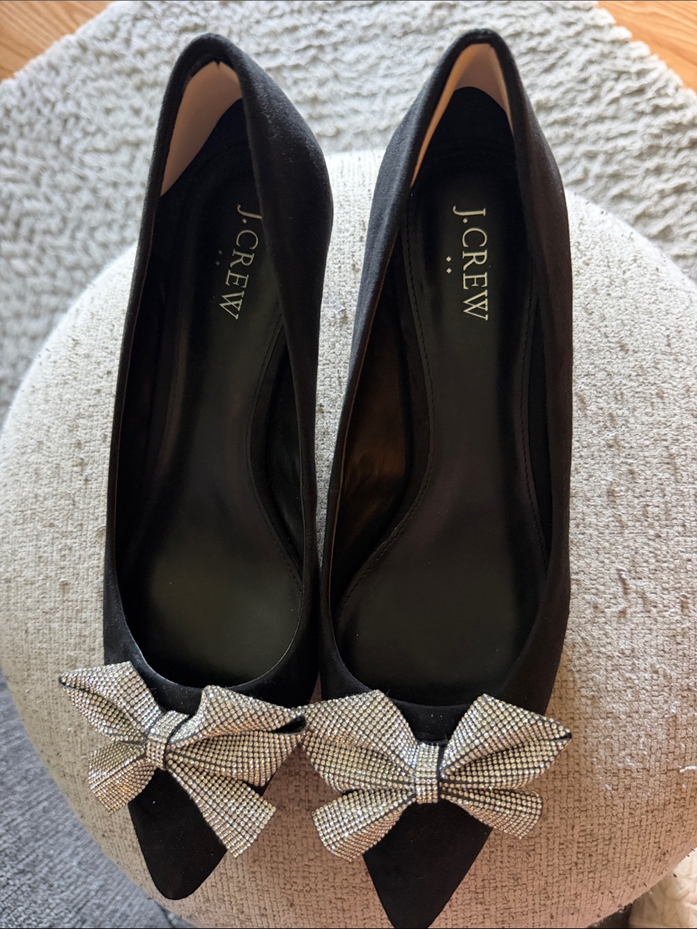 J. Crew Black Pointed Flats with Crystal Bow Embellishments